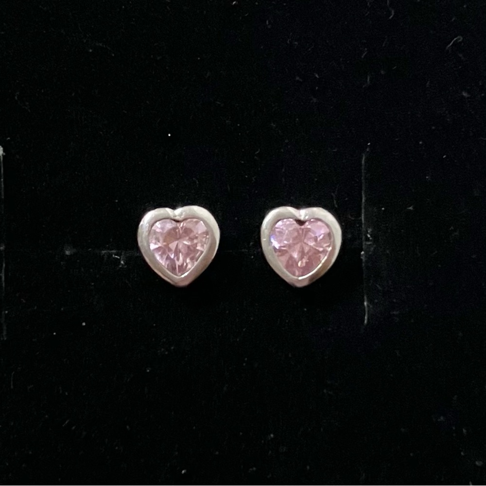 Sterling Silver 925 Pink Heart CZ Bezel Stud Earrings